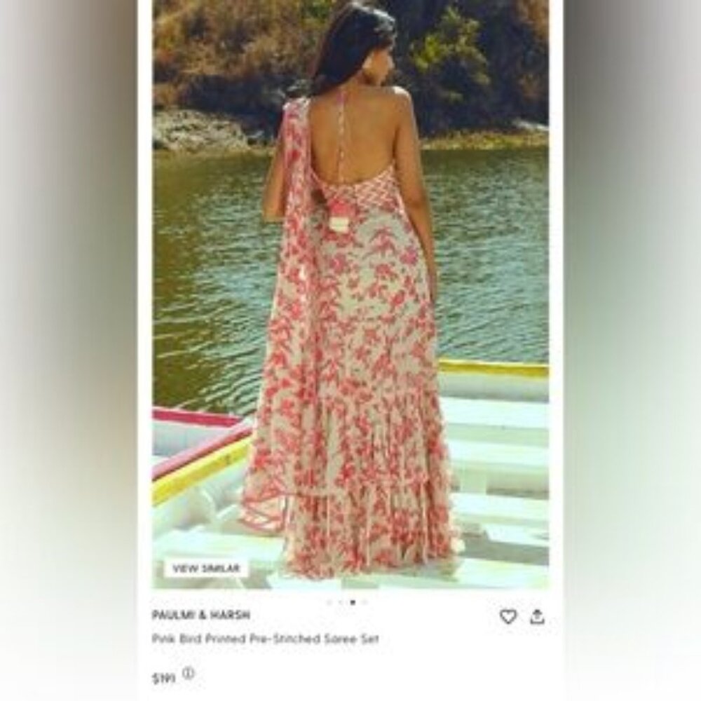 Paulmi & Harsh Pink Bird Printed Pre-Stitched Saree Set